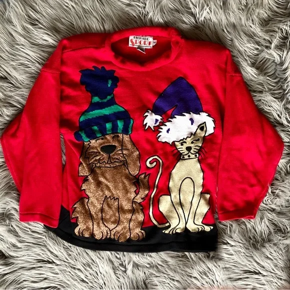 True Vintage 1980s Ugly Christmas Sweater Dog and Cat Mock Turtleneck - Picture 2 of 4